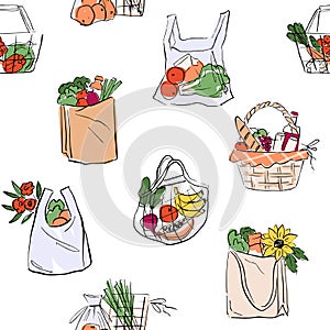 Seamless grocery shopping bags. Produce in various reusable shopping bags. photo