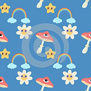 Seamless Groovy Pattern. Mushrooms, psychedelic, style, 70\'s photo