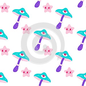 Seamless Groovy Pattern. Mushrooms, psychedelic, style, 70\'s photo