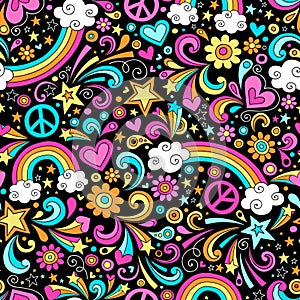 Seamless Groovy Rainbow Peace and Love Pattern Vec