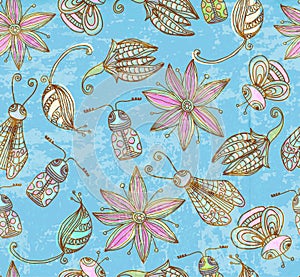 Seamless grunge background with cute insects