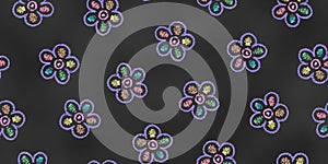 Seamless Grunge Pattern of Chalk Drawn Sketches Colorful Flowers on Dark Blackboard. Floral Print