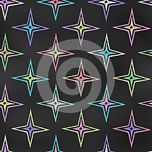 Seamless Grunge Pattern of Chalk Drawn Sketches Colorful Stars on Chalkboard Backdrop. Retro Starry Print