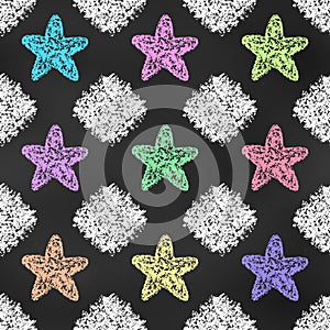 Seamless Grunge Pattern of Chalk Drawn Sketches Colorful Stars and White Scribbles on Dark Blackboard. Abstract Print