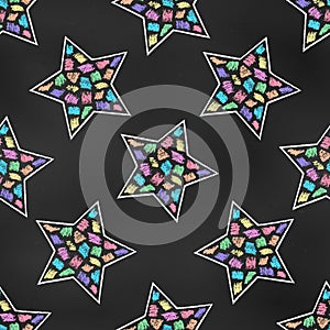 Seamless Grunge Pattern of Chalk Drawn Sketches Five-pointed Stars from Rainbow Scribbles on Dark Blackboard. Colorful Starry