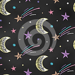 Seamless Grunge Pattern of Chalk Drawn Sketches Moons and Stars on Chalkboard Backdrop. Doodle Print