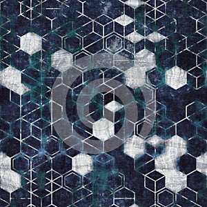 Seamless grungy hexagon pattern isometric geometry net print