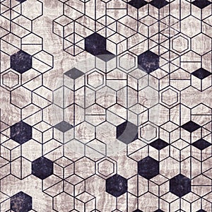 Seamless grungy hexagon pattern isometric geometry net print