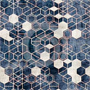 Seamless grungy hexagon pattern isometric geometry net print