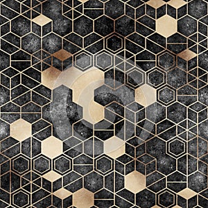 Seamless grungy hexagon pattern isometric geometry net print