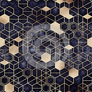 Seamless grungy hexagon pattern isometric geometry net print