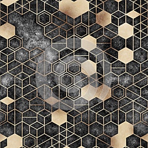 Seamless grungy hexagon pattern isometric geometry net print