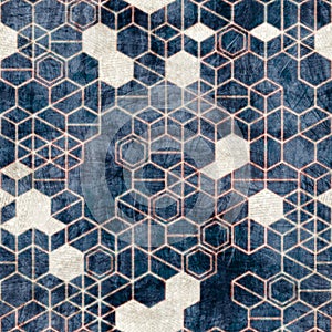Seamless grungy hexagon pattern isometric geometry net print