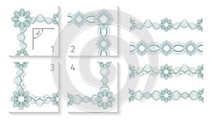 Seamless Guilloche Borders. Set of 4 corner and direct elements. For certificate or diploma, isolated. Vector