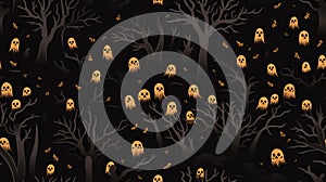 seamless halloween forest background with ghosts and trees