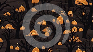 seamless halloween forest background with pumpkins and trees