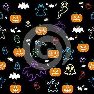 Seamless Halloween ghost, bats, pumpkins pattern on black