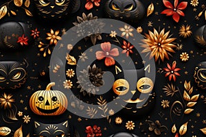 seamless halloween pattern with black and gold owls pumpkins and flowers on a black background