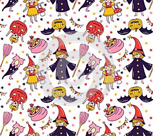 Seamless halloween pattern with children in costumes. Witch and pumpkin background.