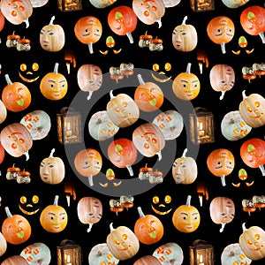 Seamless Halloween pattern, different pumpkins with toothy smiles on black background