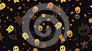 seamless halloween pattern with ghosts bats and skulls on black background