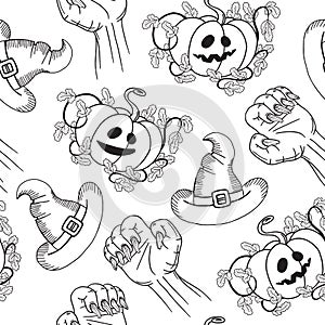 Seamless Halloween pattern, hand drawn seamless background with pumpkin, wizard hat, zombie hands, black and white vector illustra