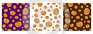 seamless halloween pattern set with cartoon cute and funny pumpkins on various backdrop. halloween background with evil pumpkin.