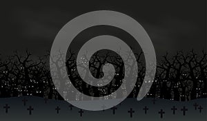 Seamless halloween poster background. Foggy landscape of graveyard with scary bats eyes in dark for