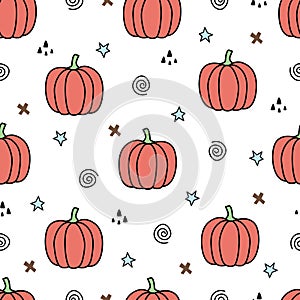 Seamless Halloween pumpkin pattern hand drawn cartoon background in children`s style