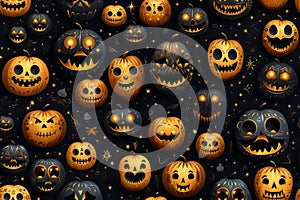 seamless halloween pumpkins pattern on black background