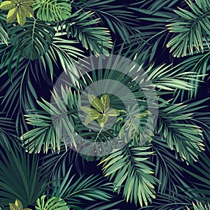 Seamless hand drawn botanical exotic vector pattern with green palm leaves on dark background.