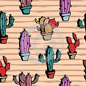 Seamless hand drawn cactus pattern cute drawing style colorful background.