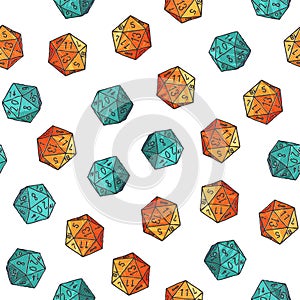 Seamless hand-drawn crosshatched icosahedron print. Vector colorful illustration on light background. Original sketched d20 patter