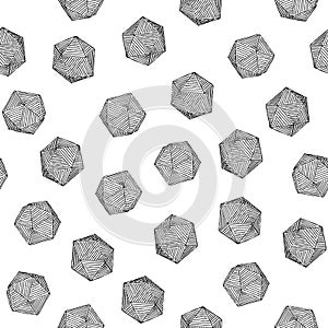 Seamless hand-drawn crosshatched icosahedron print. Vector monochrome illustration on light background. Original sketched pattern.