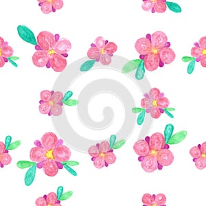 Seamless hand drawn floral background isolated on white. Tiny pink flowers with green leaves.