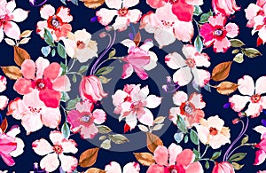 Seamless Hand Drawn Floral Design, Beautiful Flowers on Darkblue Background. photo