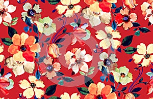 Seamless Hand Drawn Floral Design, Beautiful Flowers on Red Background.