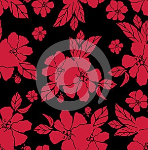 Seamless Hand Drawn Flowers with Leaves. Repeating Pattern on Black Background.