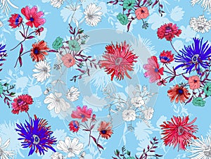 Seamless Hand Drawn Illustration Pattern, Colorful Big Flowers on Light Blue Background.