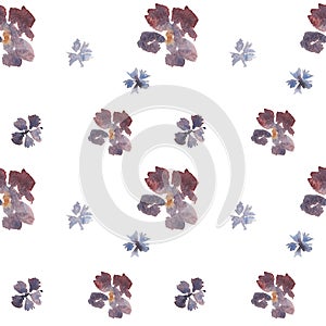 Seamless hand drawn loose watercolor floral pattern with blue and purple flowers