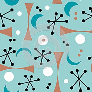 Seamless hand drawn mid century modern pattern in beige blue turquoise black white colors. Retro vintage 50s 60 atomic