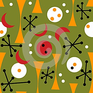 Seamless hand drawn mid century modern pattern in red green orange colors. Retro vintage 50s 60 diamond atomic age mcm