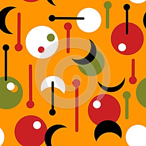 Seamless hand drawn mid century modern pattern in red green orange colors. Retro vintage 50s 60 diamond atomic age mcm