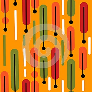 Seamless hand drawn mid century modern pattern in red green orange colors. Retro vintage 50s 60 diamond atomic age mcm