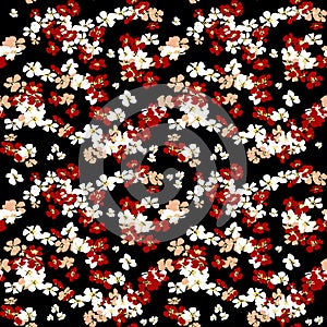 Seamless Hand Drawn Mini Flowers. Repeating Pattern on Black Background.