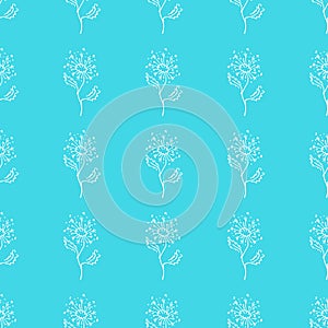 Seamless hand drawn pattern of abstract dandelion flowers isolated on blue background. Vector floral illustration. Cute doodle