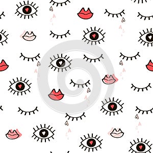 Seamless hand-drawn pattern of closed and open eyes, lips and he