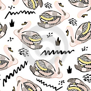 Seamless hand drawn pattern with creative swans. Fashion trendy texture.Great for fabric and textile. Vector Illustration.