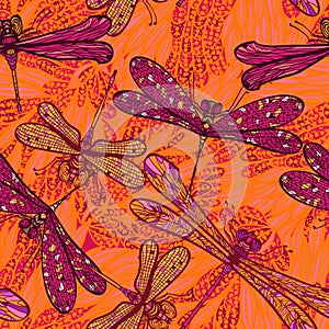 Seamless hand drawn pattern with dragonflies