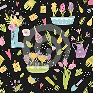 Seamless hand drawn pattern with garden tools plants flowers pot Dark colors Vector design